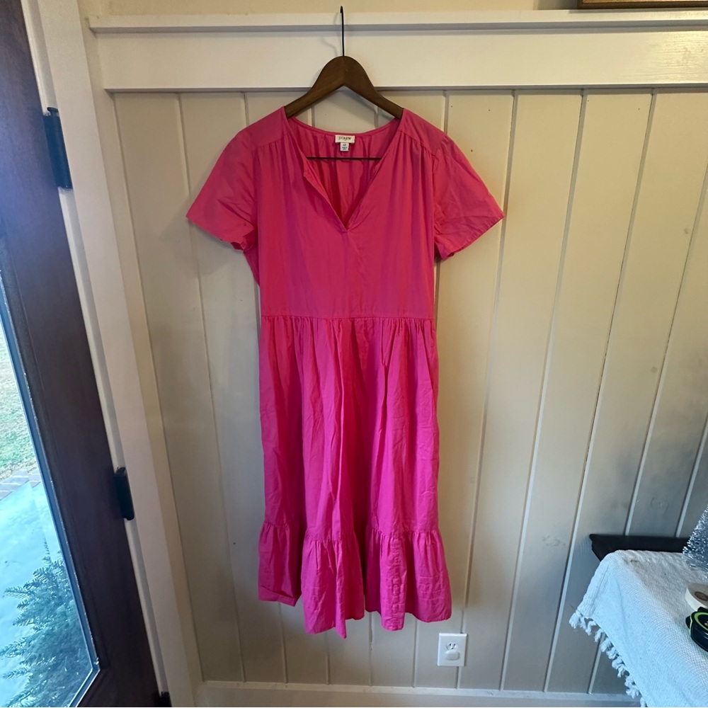 J. Crew Bright Pink V-Neck Tiered Midi Dress